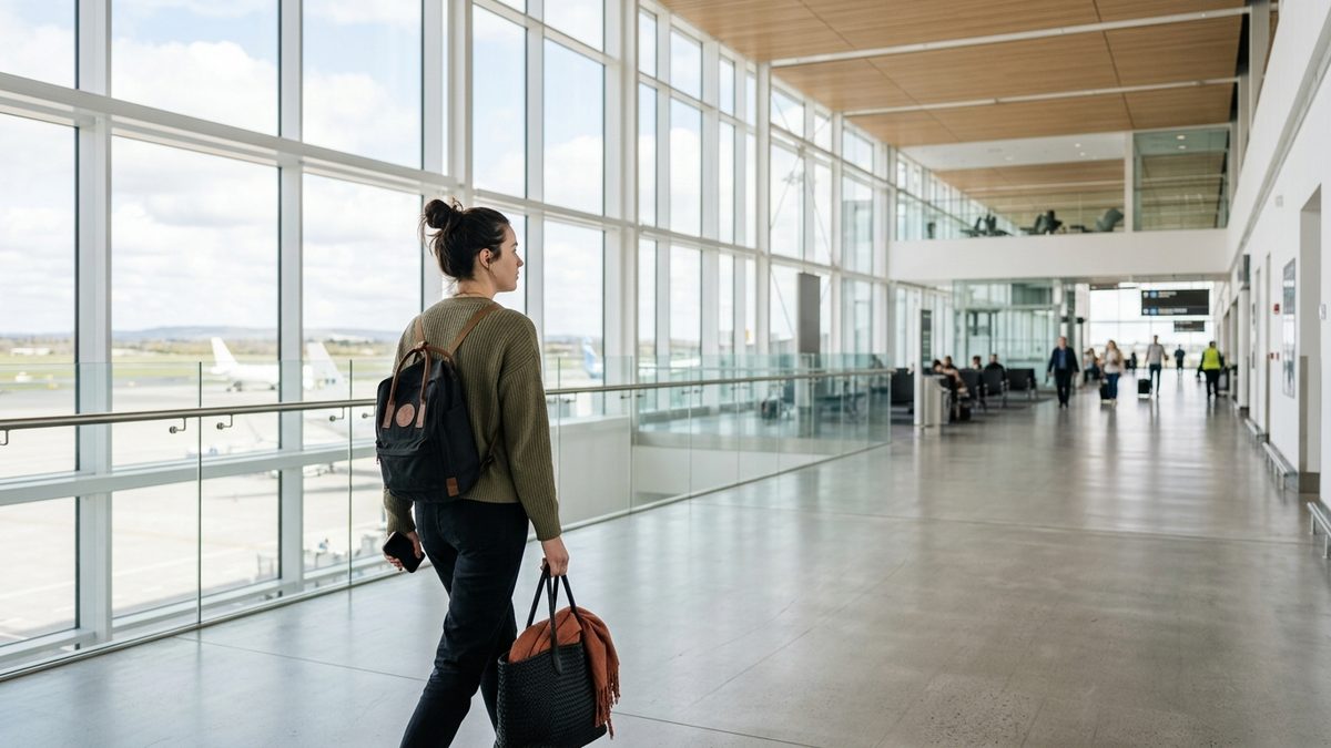 Traveller with compliant under-seat backpack in Dublin Airport terminal during Aer Lingus check-in
