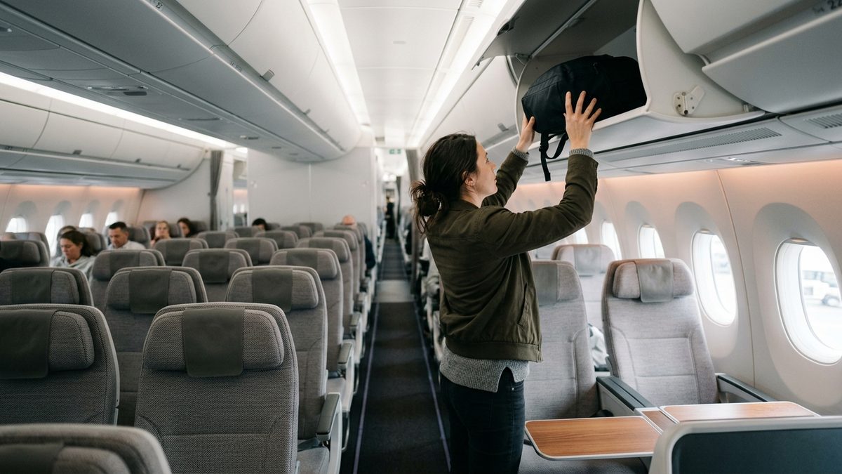 Passenger stowing cabin backpack in overhead bin on Air France flight