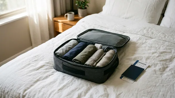 Neatly packed under-seat cabin bag with rolled clothes, passport and boarding pass on bed