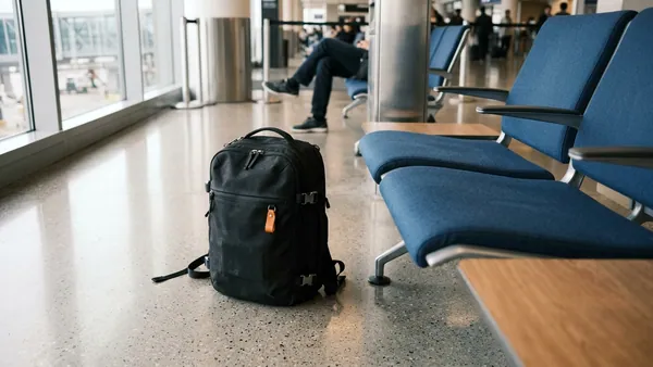 Compact under-seat cabin backpack on airport floor next to row of airline seats