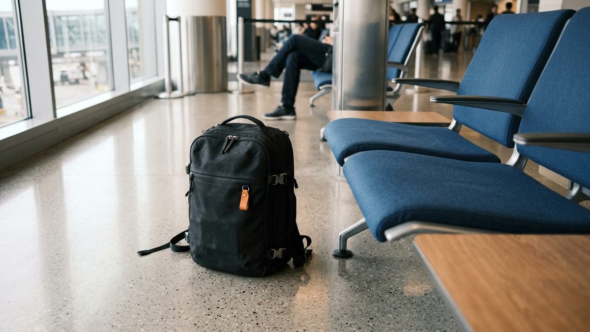 Compact under-seat cabin backpack on airport floor next to row of airline seats