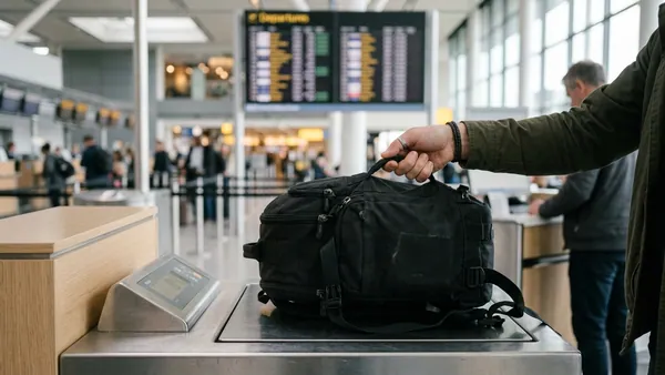 Passenger weighing cabin bag on airport scale before check-in