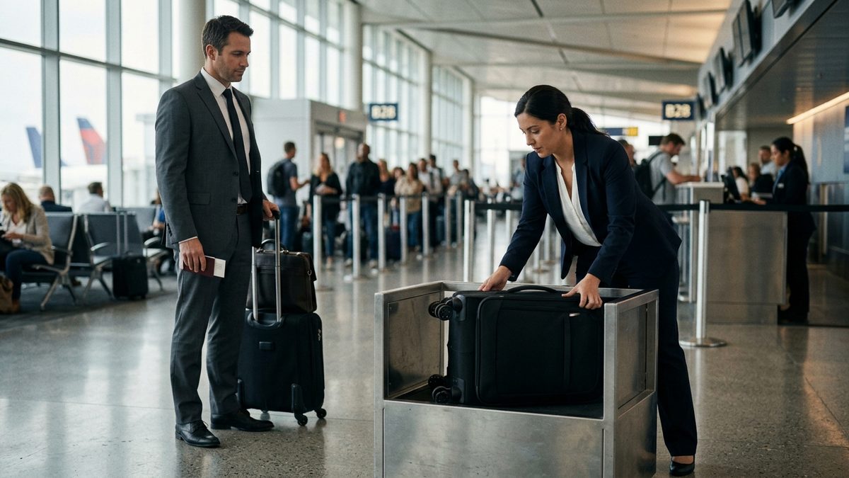 Airline staff checking wheeled cabin bag dimensions in metal sizer frame at airport gate