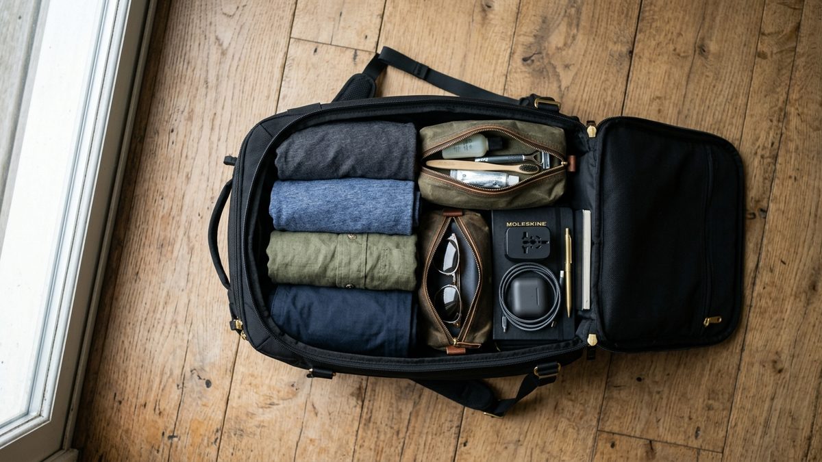 Packed easyJet-compliant underseat cabin bag with rolled clothes and travel accessories
