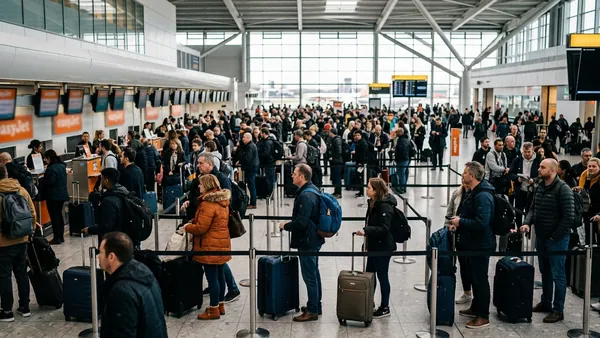 easyJet passengers at Gatwick Airport check-in with cabin bags and backpacks