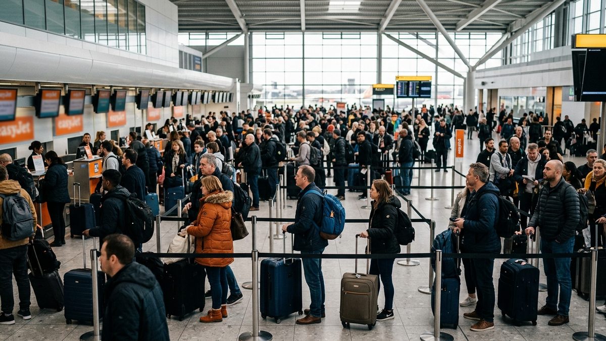 easyJet passengers at Gatwick Airport check-in with cabin bags and backpacks