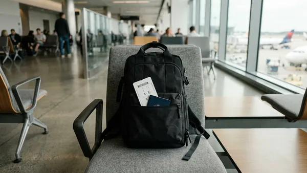 Compact under-seat cabin bag on airport chair ready for easyJet boarding