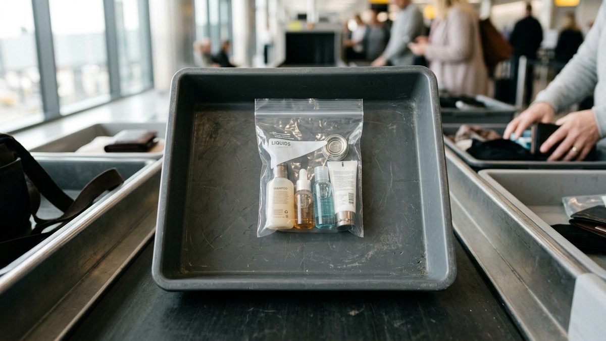 Clear liquids bag with 100ml travel bottles on airport security tray, UK departure terminal