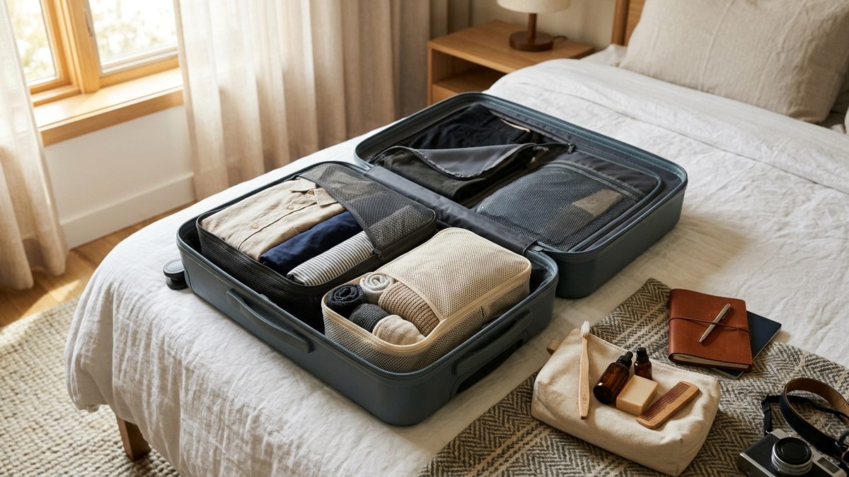 Open cabin suitcase packed with packing cubes and travel essentials on hotel bed
