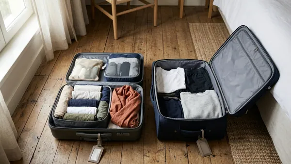 Two cabin bags packed for a week's holiday, comparing light packing strategies for Jet2 and Ryanair flights