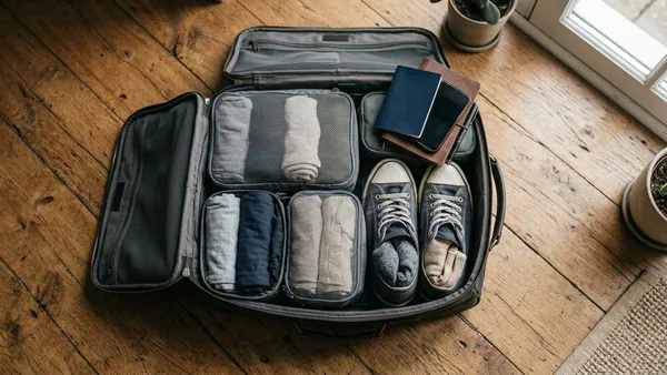Open underseat cabin bag packed efficiently with rolled clothes, packing cubes and travel essentials on wooden floor