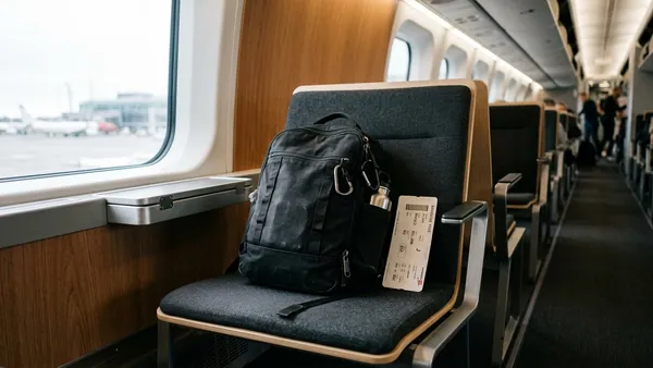 Compact cabin backpack on Norwegian aircraft seat with boarding pass