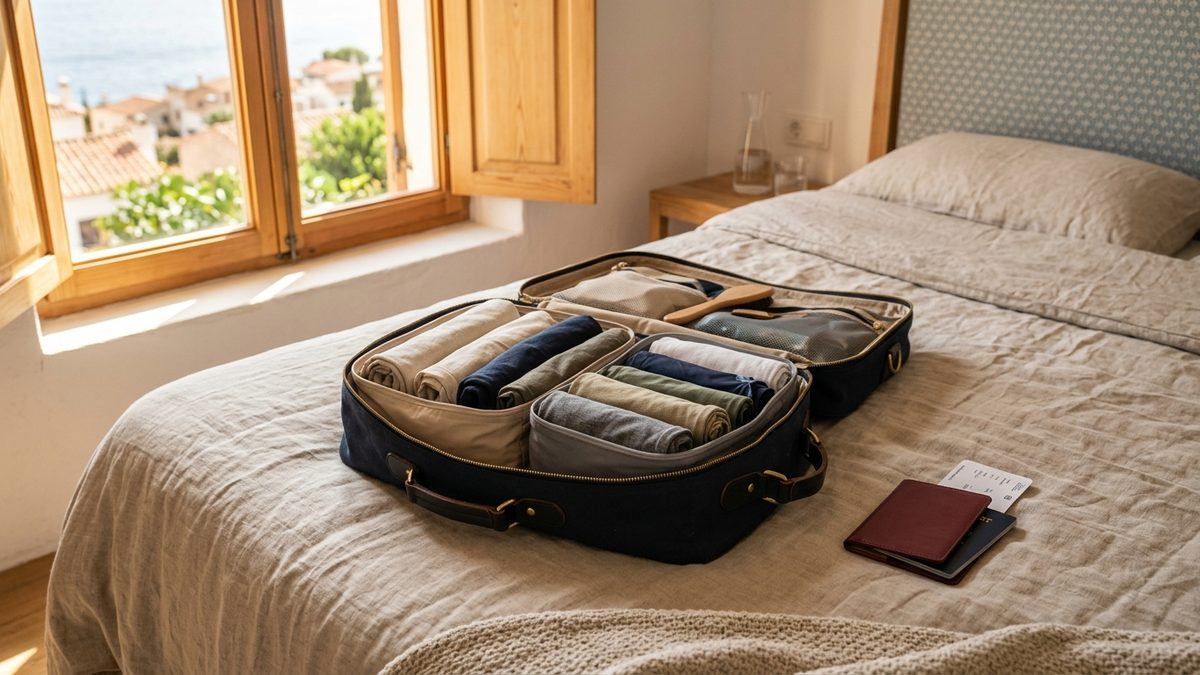Packed underseat cabin bag on hotel bed with rolled clothes in cubes for one week trip