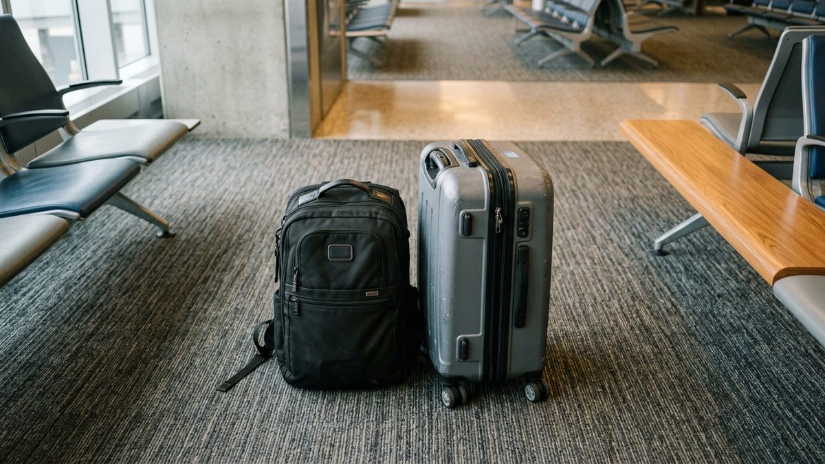 Personal item backpack and larger cabin bag side by side on airport terminal floor