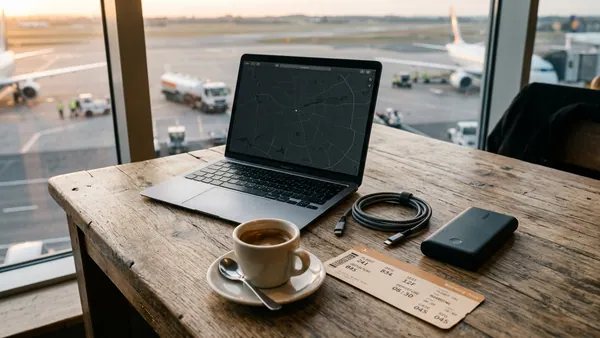 Laptop and power bank on airport table with charging cables and coffee, ready for travel