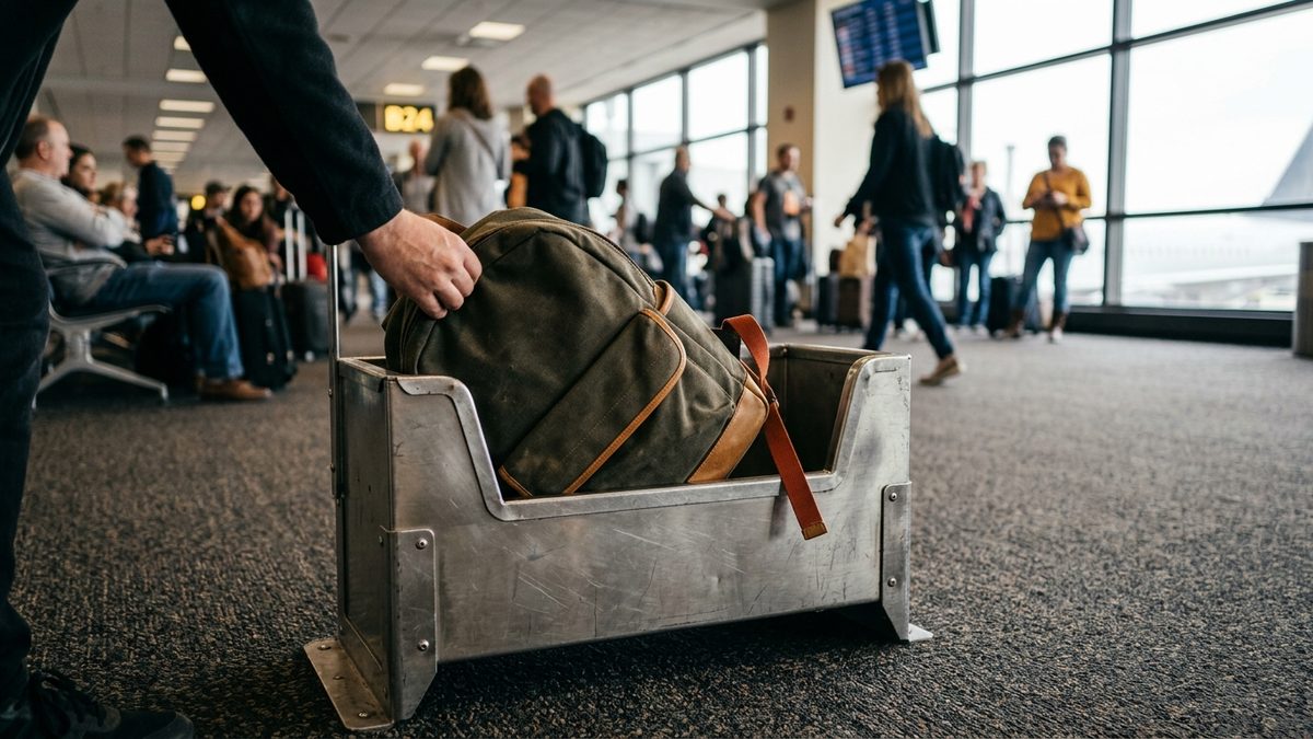 Cabin bag being tested in Ryanair bag sizer frame at airport gate