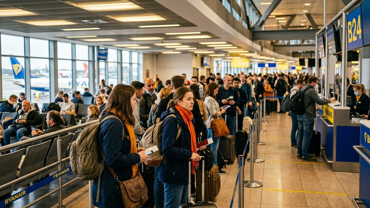 Ryanair passengers queuing at departure gate with cabin bags and backpacks