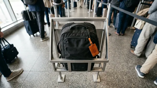 Backpack being tested in Ryanair bag sizer at airport gate with passengers in background