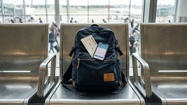 Transavia-compliant under-seat backpack on airport seating with boarding pass and phone