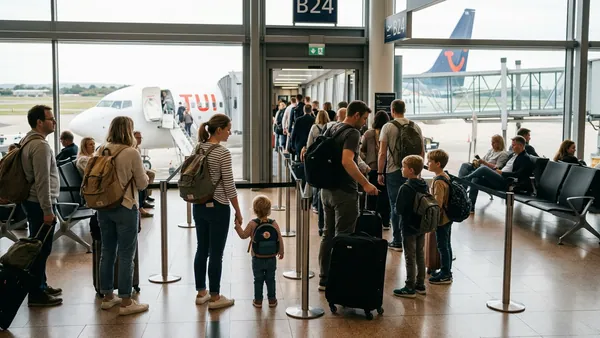 Passengers boarding TUI flight with cabin bags and under-seat luggage at UK airport gate
