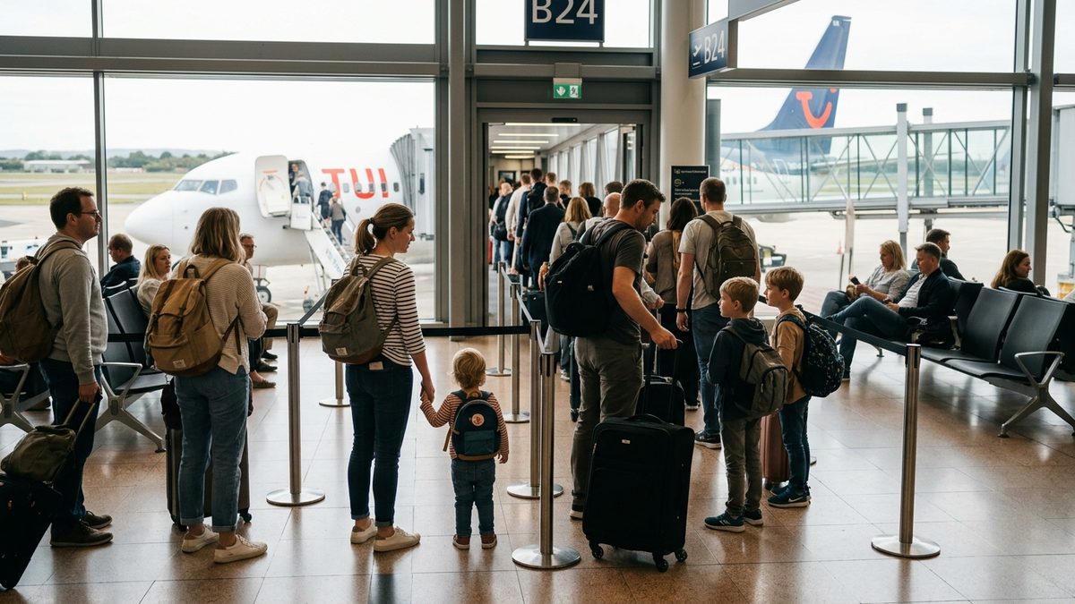 Passengers boarding TUI flight with cabin bags and under-seat luggage at UK airport gate