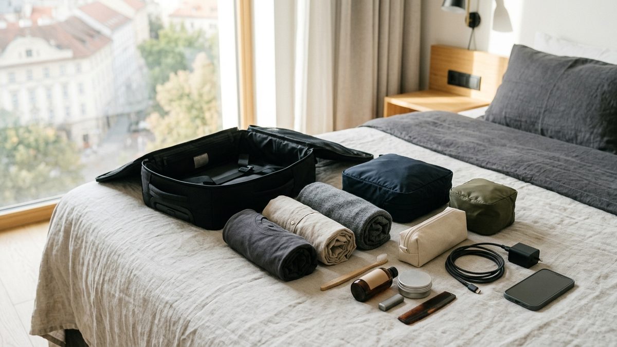 Weekend clothes and essentials laid out next to open underseat cabin bag ready for packing