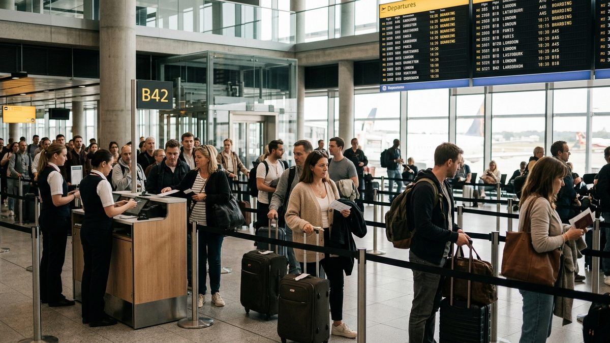 Passengers queuing at airport gate with cabin luggage, checking boarding passes before flight